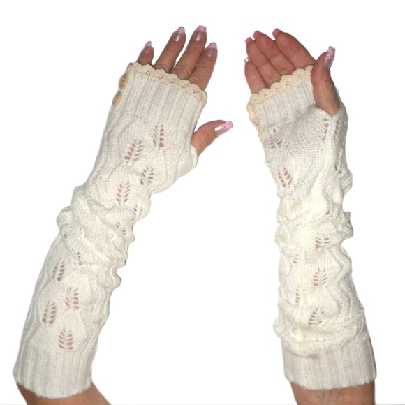 Button Lace Knit Fingerless Gloves Arm Warmers - Picture 6 of 6